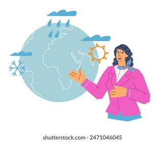 Weather forecasting, meteorology and climate prediction banner concept. Meteorologists study and analyze weather patterns to provide accurate forecasts, flat vector illustration isolated on white.