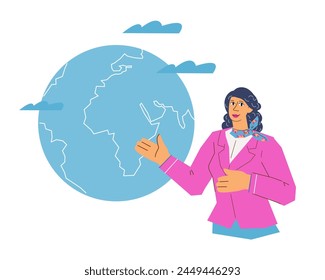 Weather forecasts and climate predictions from professional meteorologist. Meteorology banner concept with female character, flat vector illustration isolated on white background.