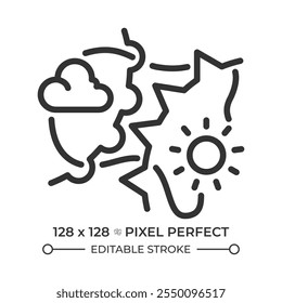 Icono lineal de frentes de Clima. Cambio de las condiciones del Clima. Ciencia atmosférica. Meteorología. Sol, nube y líneas dinámicas. Ilustración de línea delgada. Símbolo de contorno. Dibujo de contorno de Vector. Trazo editable