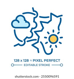 Icono de color RGB de los frentes del Clima. Cambio de las condiciones del Clima. Ciencia atmosférica. Meteorología. Sol, nube y líneas dinámicas. Ilustración vectorial aislada. Dibujo de línea relleno simple. Trazo editable