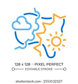 O clima enfrenta um ícone de linha de duas cores. Mudança das condições climáticas. Meteorologia Símbolo de contorno bicolor de sol, nuvem e linhas dinâmicas. Pictograma linear duotônico. Ilustração isolada. Traçado editável