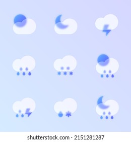 weather glass morphism trendy style icons. weather transparent glass color vector icon set with blur and purple gradient. for web and ui design, mobile apps and promo business polygraphy