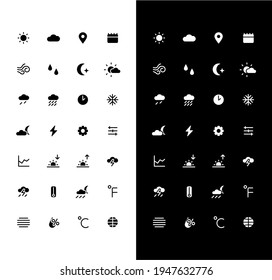 Weather glyph icons set for night and day mode. Sunny and cloudy. Warm, cold climate. Mobile UI element. Silhouette symbols for light, dark theme. Vector isolated illustration bundle