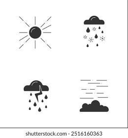 Conjunto de ícones de glifo do tempo. Dia ensolarado, trovoada, tempo ventoso, nevoeiro. Conceito de meteorologia. Placas de sinalização cheias. Ilustrações isoladas de vetor de silhueta