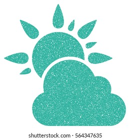 Weather grainy textured icon for overlay watermark stamps. Flat symbol with unclean texture. Dotted vector cyan ink rubber seal stamp with grunge design on a white background.