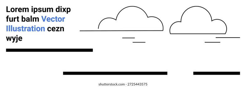 Clima, design gráfico, apresentações, modelos, marcas, ferramentas educacionais. Nuvens artísticas de linha minimalistas com traços horizontais e texto de espaço reservado. Conceito de design gráfico e meteorológico