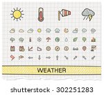 Weather hand drawing line icons. Vector doodle pictogram set: color pen sketch sign illustration on paper with hatch symbols: storm, rain, cold, temperature, parasol, umbrella, climate, night.