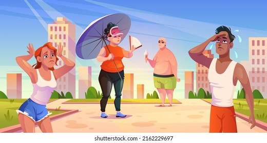 Weather heat outdoor. People in city park suffer from high temperatures, sweating person, hot sunny summer, shadow cooling, sun and heat stroke, male and female characters, vector concept