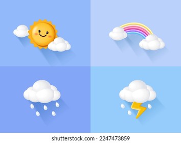 Weather icon 3d, Clouds weather with smiling face cute vector image.