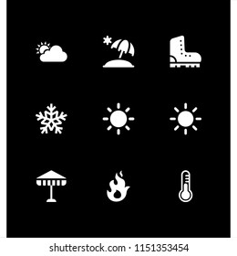 weather icon. 9 weather set with boot, science thermometer, sun umbrella and snow vector icons for web and mobile app