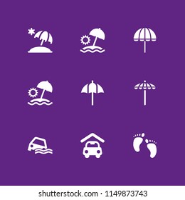 weather icon. 9 weather set with sun umbrella, flood, umbrella and human foot prints vector icons for web and mobile app