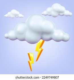 Weather icon Cloud with lightning, Plastic volumetric 3d render. Realistic vector illustration