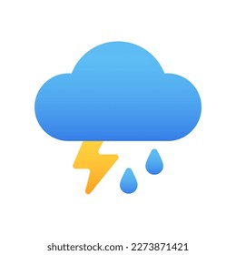 Weather icon of cloud, lightning and rain. Gradient colors. Isolated vector illustration on white background.