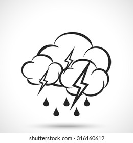 Weather icon. Cloud with lightning and rain drops isolated on white background. Cloud symbol. Lightning symbol. Rain symbol. Drop symbol.