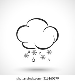 Weather icon. Cloud with rain drops and snowlakes isolated on white background. Snow symbol. Cloud symbol. Rain symbol.