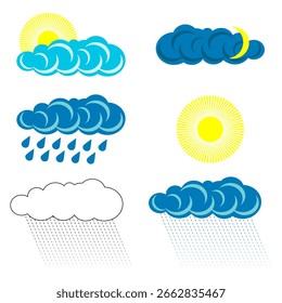 Icono de Clima. Lluvia de sol nublado. Conjunto azul amarillo. Símbolo de pronóstico de Vector. EPS 10.