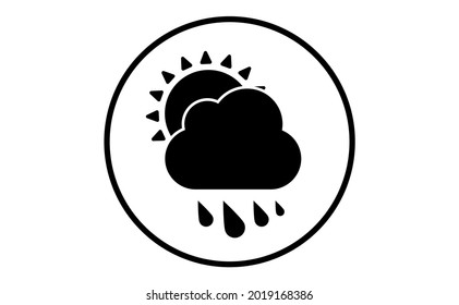 Weather icon of cloud and sun with raindrops, art vector illustration. Sticky symbol of forecast. Meteorological infographics sign. Web icon vector design. EPS10.