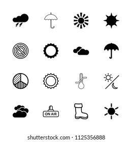 Weather icon. collection of 16 weather filled and outline icons such as umbrella, sun, thunder, boot, no brightness, open air. editable weather icons for web and mobile.