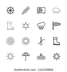 Weather icon. collection of 16 weather outline icons such as umbrella, sun, wind cone, boot, thermometer, open air, air conditioner. editable weather icons for web and mobile.