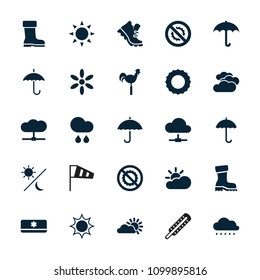 Weather icon. collection of 25 weather filled icons such as sun, umbrella, no brightness, cloud, rain, air conditioner, sun cloud. editable weather icons for web and mobile.