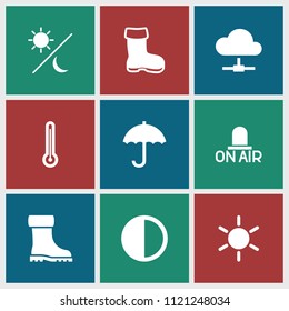 Weather icon. collection of 9 weather filled icons such as boot, sun, brightness, thermometer, sun and moon, umbrella, open air. editable weather icons for web and mobile.