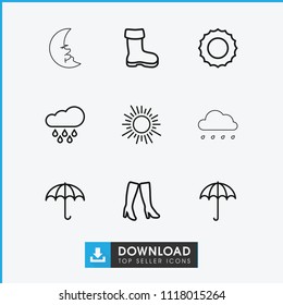 Weather icon. collection of 9 weather outline icons such as boot, umbrella, woman boots, sun, rain. editable weather icons for web and mobile.