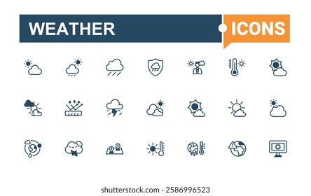 Weather icon collection. It contains symbols to web, sunny, simple, summer, app, sky, rainy, weather. Isolated icon. Editable vector outline and solid icons.