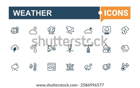 Weather icon collection. It contains symbols to web, sunny, simple, summer, app, sky, rainy, weather. Isolated icon. Editable vector outline and solid icons.