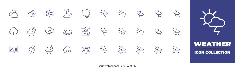 Weather icon collection. Duotone color. Vector illustration. Containing cloudy, night mist, snowflake, night, temperature, thunder sunny, sunny shower, hail sunny, sunny drizzle, downpour, rain.