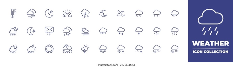 Weather icon collection. Duotone color. Vector illustration. Containing thermometer, windy, night, rainbow, weather, partly cloudy night, shower, rain, hail, half moon, cloudy, heavy rain, sunny fog.