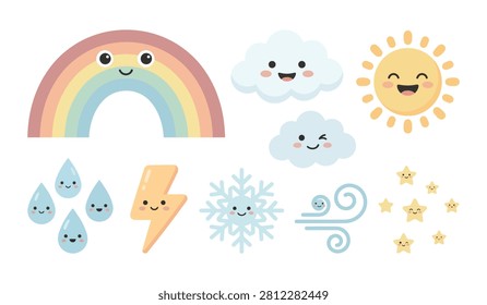 Weather icon collection featuring smiling rainbow cloud sun rain lightning snowflake and wind for kids educational art.