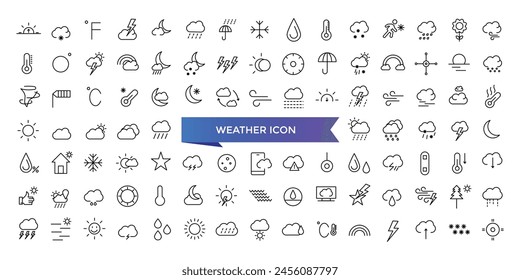 Weather icon collection. Related to temperature, sun, rain, snow, cloud, humidity, summer, winter, spring, cloudy and rainy season. Climate symbol set.