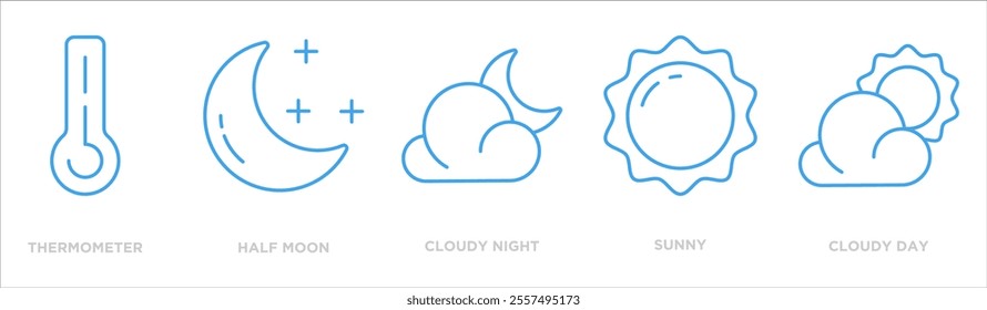 weather icon collection set. Containing design thermometer,half moon,cloudy night,sunny,cloudy day