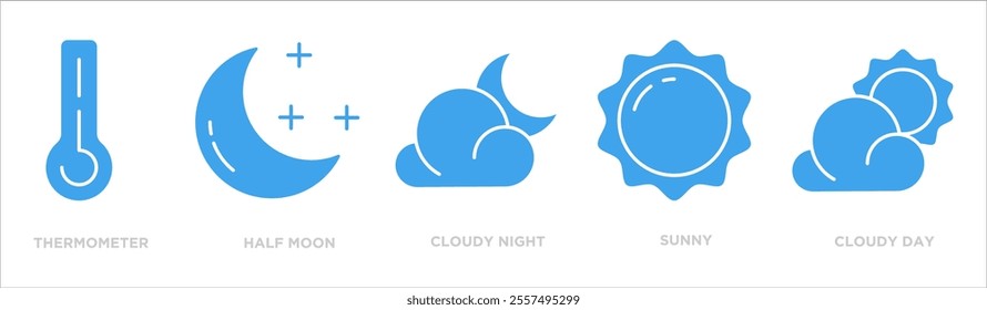 weather icon collection set. Containing design thermometer,half moon,cloudy night,sunny,cloudy day