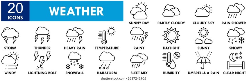 Weather icon collection set. Containing design climate, nature, sky, sunny, rain, rainy