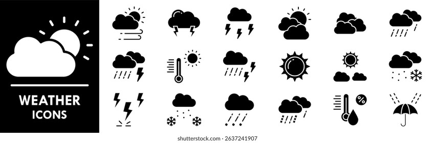 Weather icon collection set. Containing design climate, nature, sky, sunny, rain, rainy