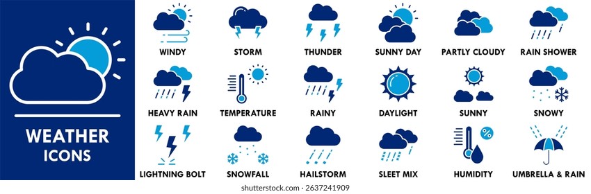 Weather icon collection set. Containing design climate, nature, sky, sunny, rain, rainy