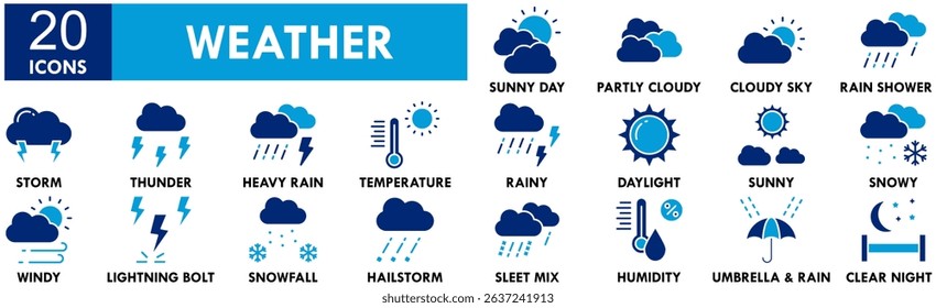 Weather icon collection set. Containing design climate, nature, sky, sunny, rain, rainy