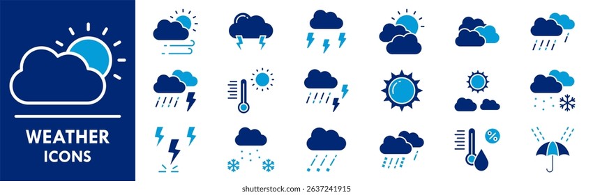 Weather icon collection set. Containing design climate, nature, sky, sunny, rain, rainy