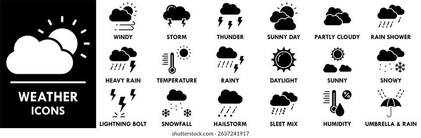 Weather icon collection set. Containing design climate, nature, sky, sunny, rain, rainy