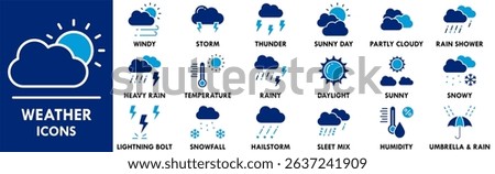 Weather icon collection set. Containing design climate, nature, sky, sunny, rain, rainy