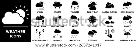 Weather icon collection set. Containing design climate, nature, sky, sunny, rain, rainy