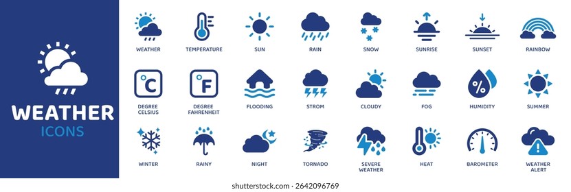 Weather - Icon Collection. Thin Line Set contains such Icons as Sun, Rain, Cloud, Thunder, Lightning, Snow, Storm and more. Simple web icons set.