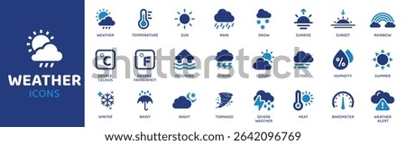 Weather - Icon Collection. Thin Line Set contains such Icons as Sun, Rain, Cloud, Thunder, Lightning, Snow, Storm and more. Simple web icons set.