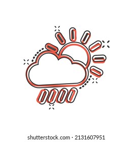 Weather icon in comic style. Sun, cloud and rain cartoon vector illustration on white isolated background. Meteorology splash effect sign business concept.