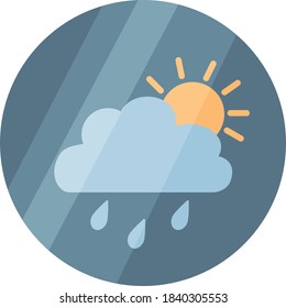 Weather icon depicting a rain cloud with raindrops and sun on a transparent background