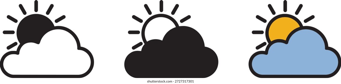 Icono de Clima con sol parcialmente oculto por la nube, que representa condiciones nubladas o parcialmente soleadas, adecuado para aplicaciones de Clima