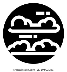 Icono de Clima con dos nubes blancas que muestran líneas Horizontales que indican un fuerte viento, que representan un pronóstico de viento en un estilo de glifo simple y plano sobre un fondo circular negro