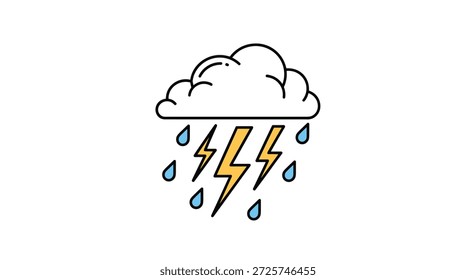 Ícone de tempo com uma nuvem branca com gotas de chuva e raios amarelos simboliza uma tempestade e condições climáticas chuvosas.