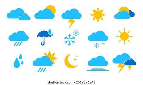 Wetter-Symbol, Vektorgrafik-Design, Isolate Infographic Raining symbol, Thunder, Lightning ClipArt in Modern Flat Design, Blau, Gelb, Klima-Piktogramm (bearbeitbar)